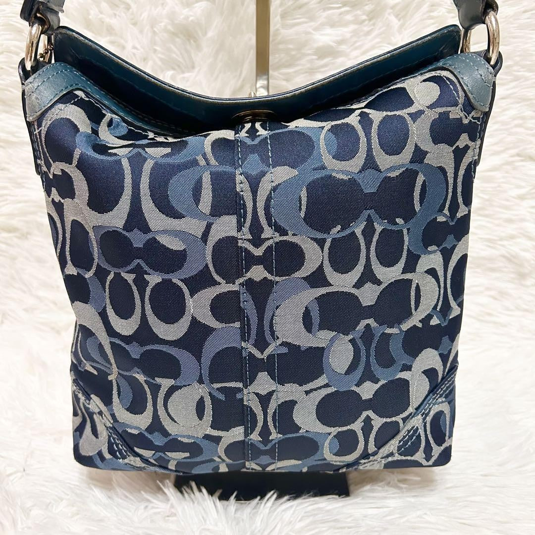 COACH Shoulder Bag Purse Signature Canvas Leather Blue Navy Authentic