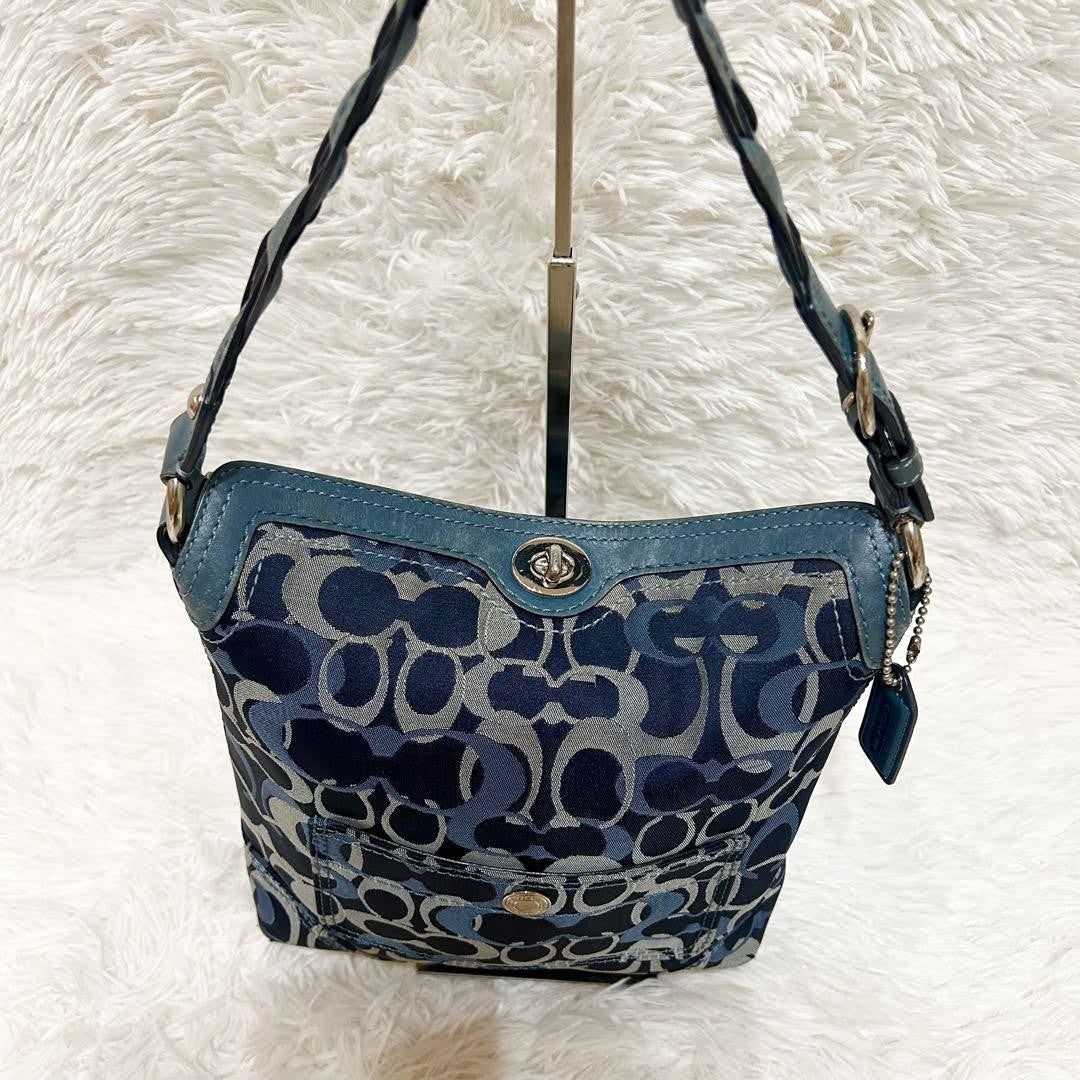 COACH Shoulder Bag Purse Signature Canvas Leather Blue Navy Authentic