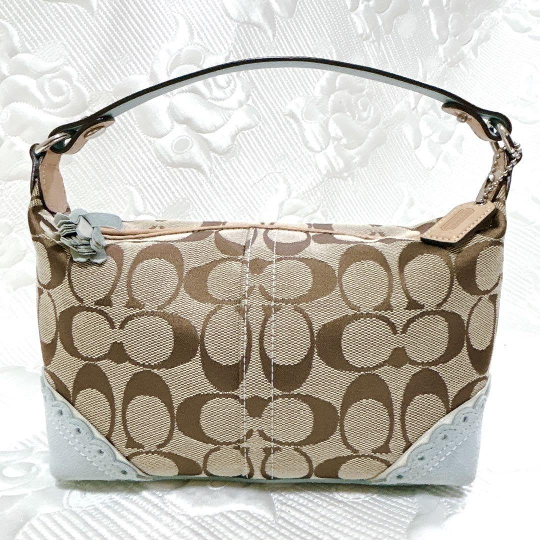 COACH Accessory Pouch Shoulder Bag Purse Signature Canvas Suede Brown Blue Auth