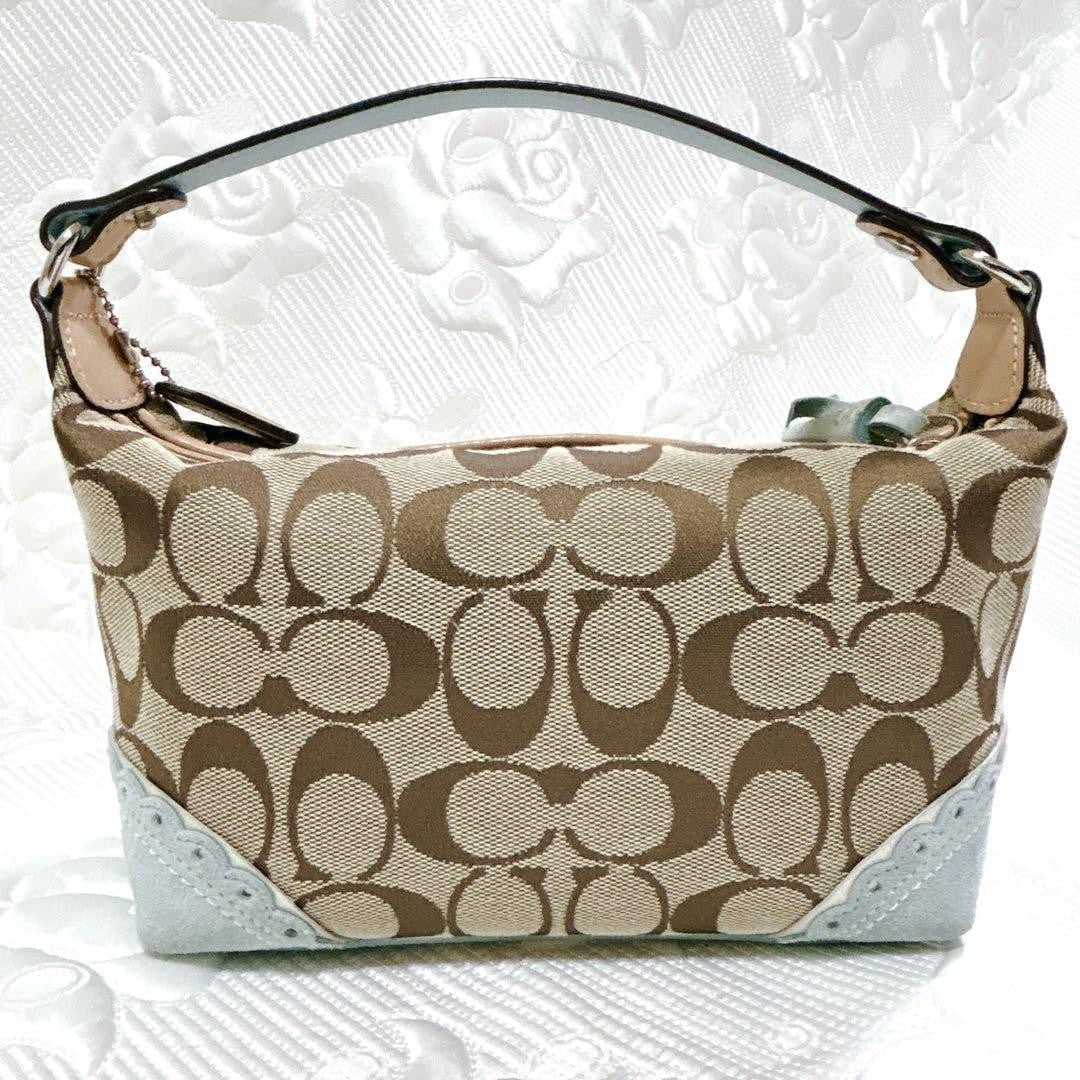 COACH Accessory Pouch Shoulder Bag Purse Signature Canvas Suede Brown Blue Auth