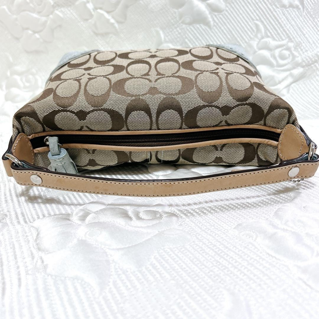 COACH Accessory Pouch Shoulder Bag Purse Signature Canvas Suede Brown Blue Auth