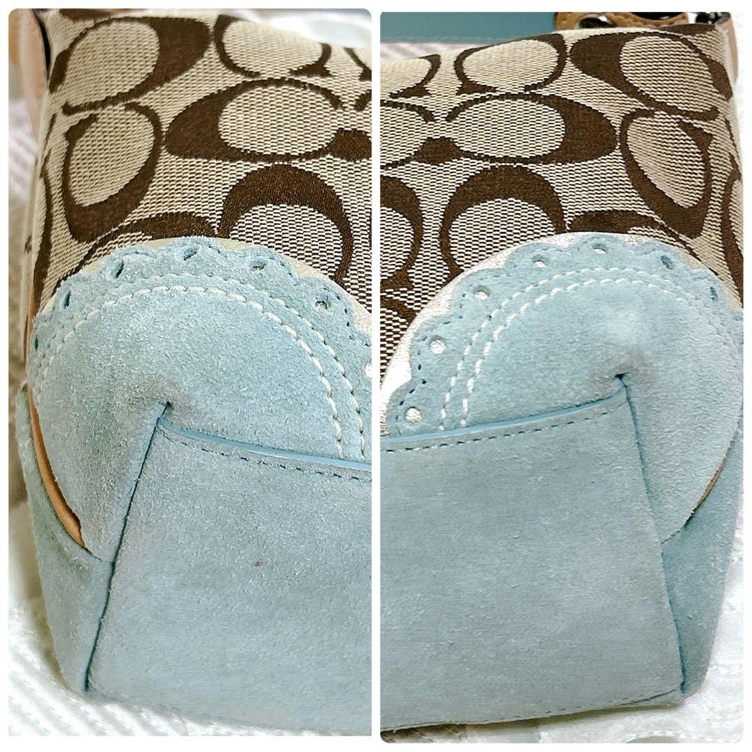 COACH Accessory Pouch Shoulder Bag Purse Signature Canvas Suede Brown Blue Auth