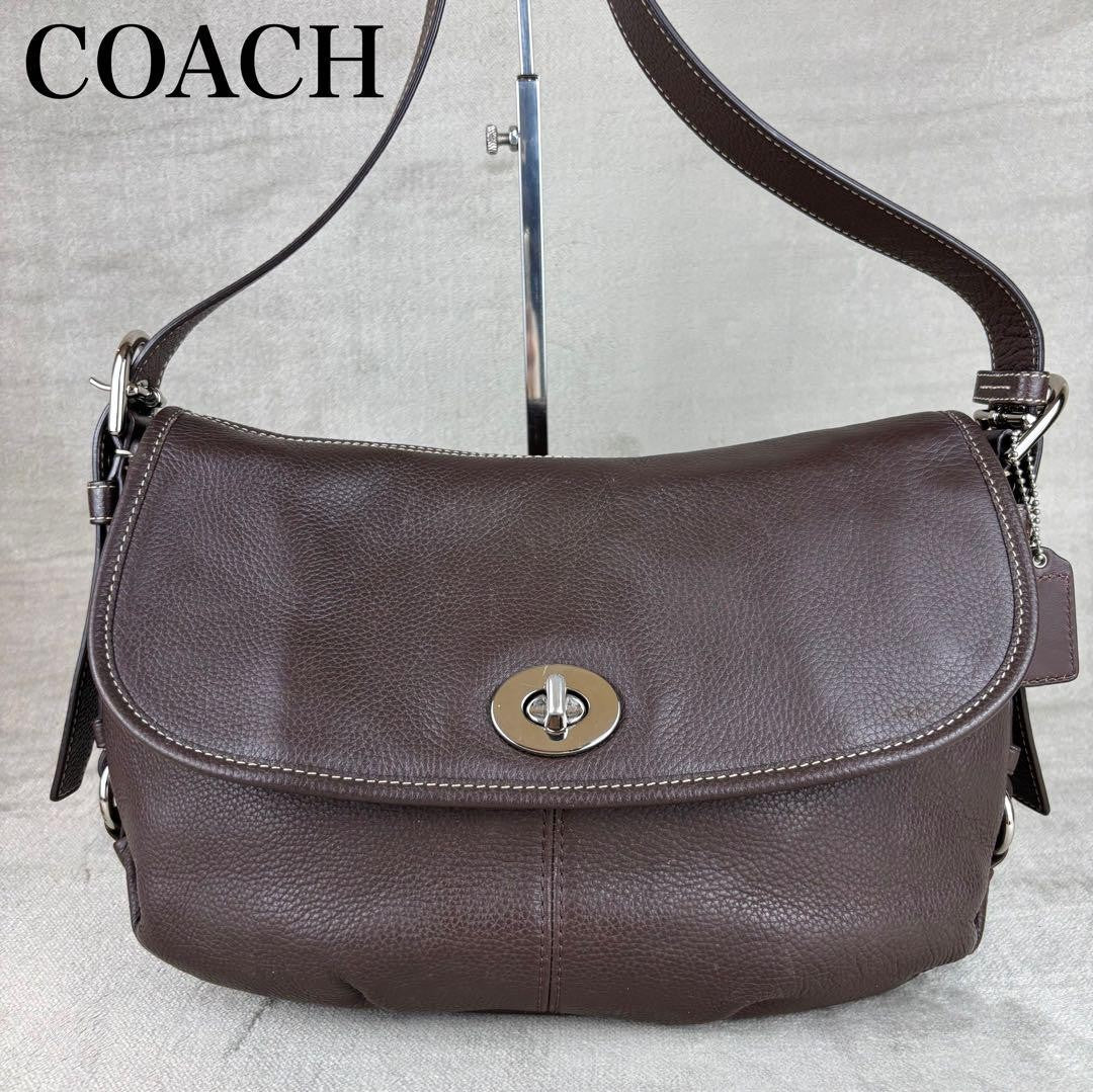COACH Shoulder Bag Purse Turn Lock Leather Dark Brown Authentic