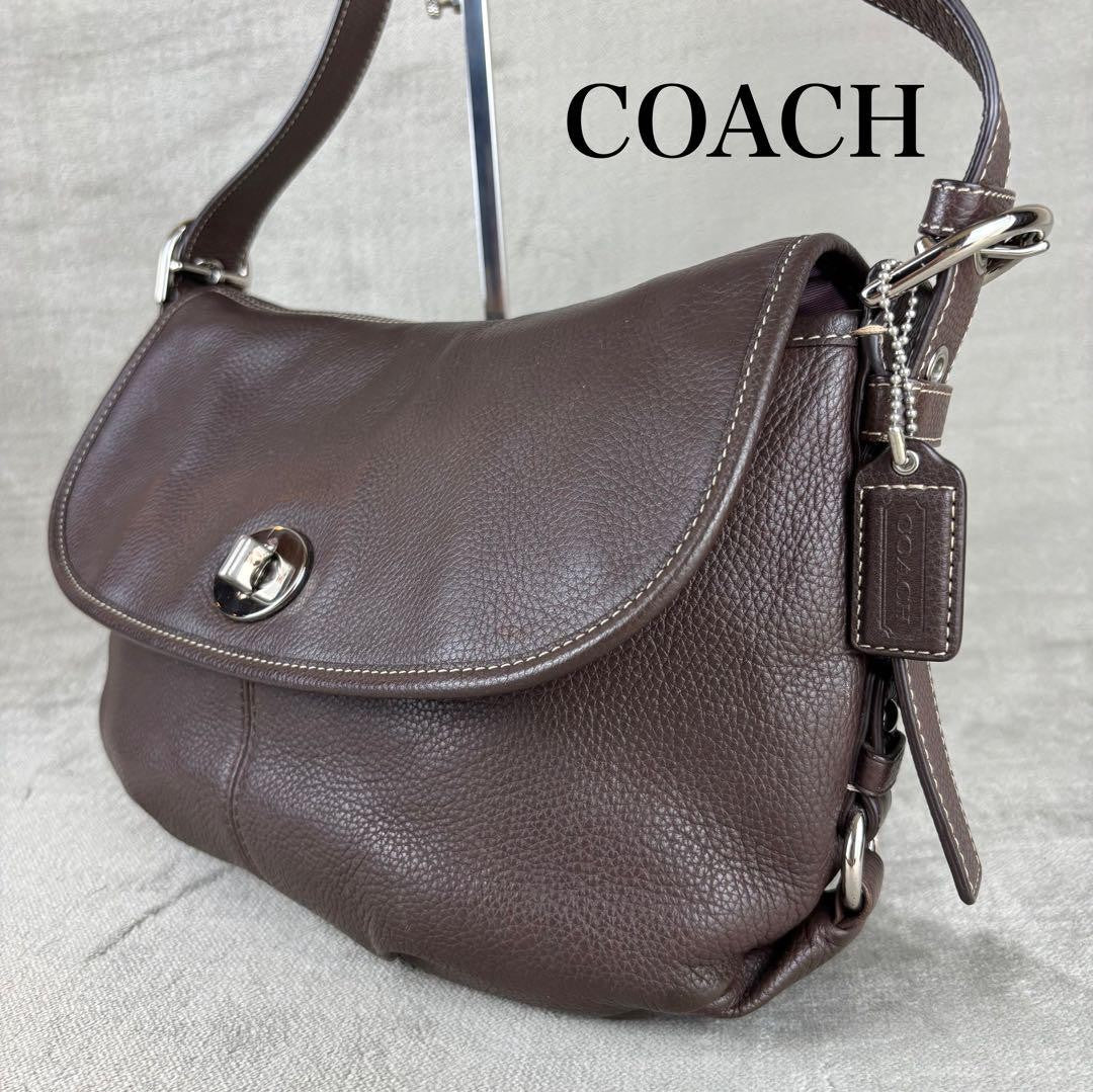 COACH Shoulder Bag Purse Turn Lock Leather Dark Brown Authentic