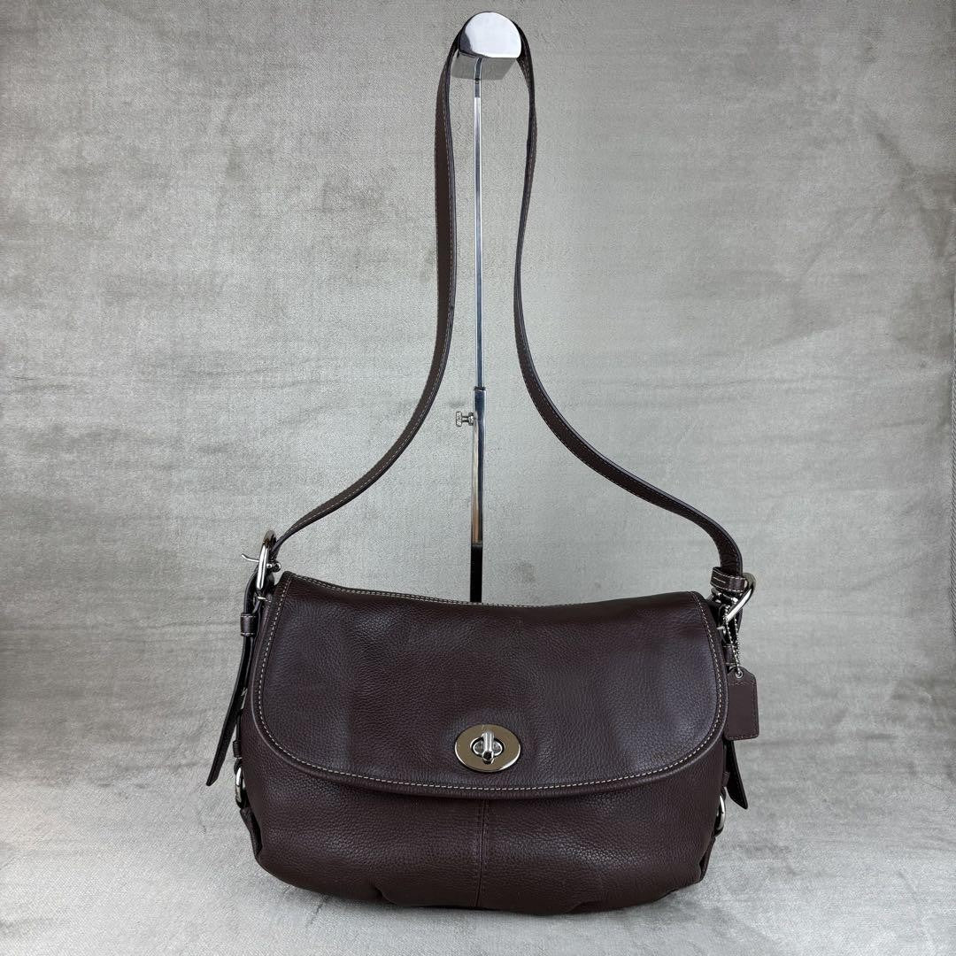 COACH Shoulder Bag Purse Turn Lock Leather Dark Brown Authentic