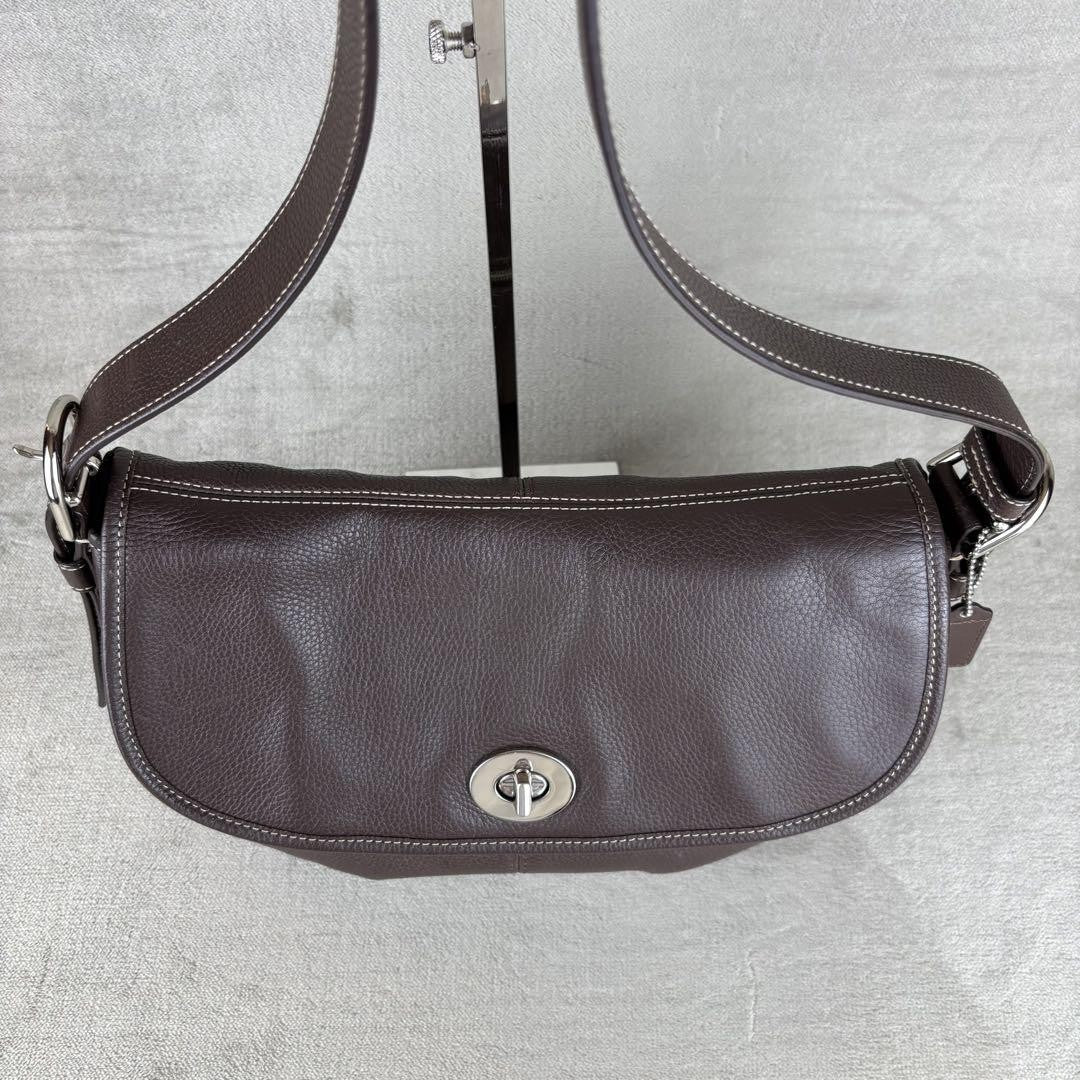 COACH Shoulder Bag Purse Turn Lock Leather Dark Brown Authentic