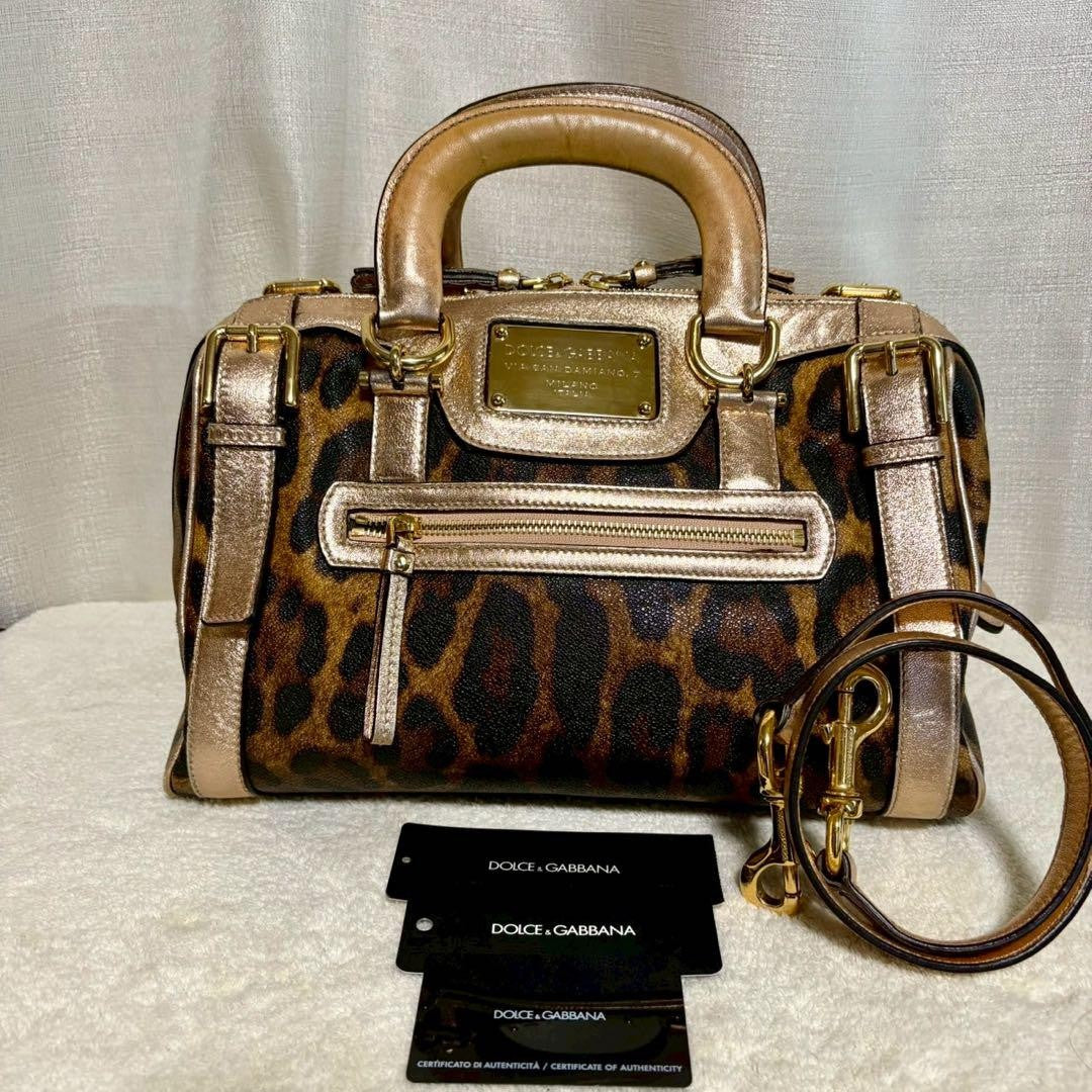 Dolce & Gabbana Hand Bag Tote Purse 2way Leopard PVC Leather Brown Pink Gold