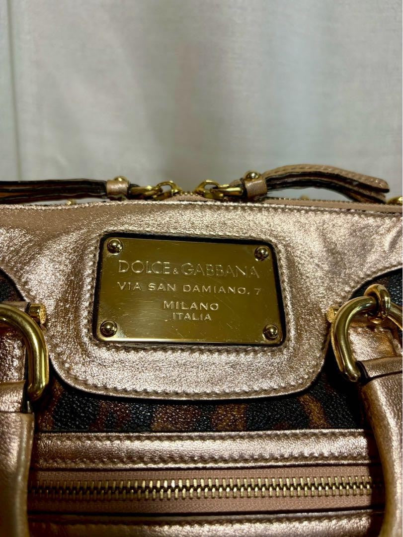 Dolce & Gabbana Hand Bag Tote Purse 2way Leopard PVC Leather Brown Pink Gold