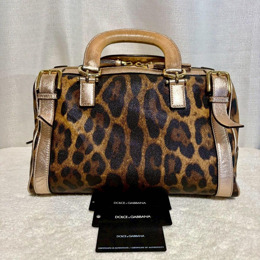 Dolce & Gabbana Hand Bag Tote Purse 2way Leopard PVC Leather Brown Pink Gold
