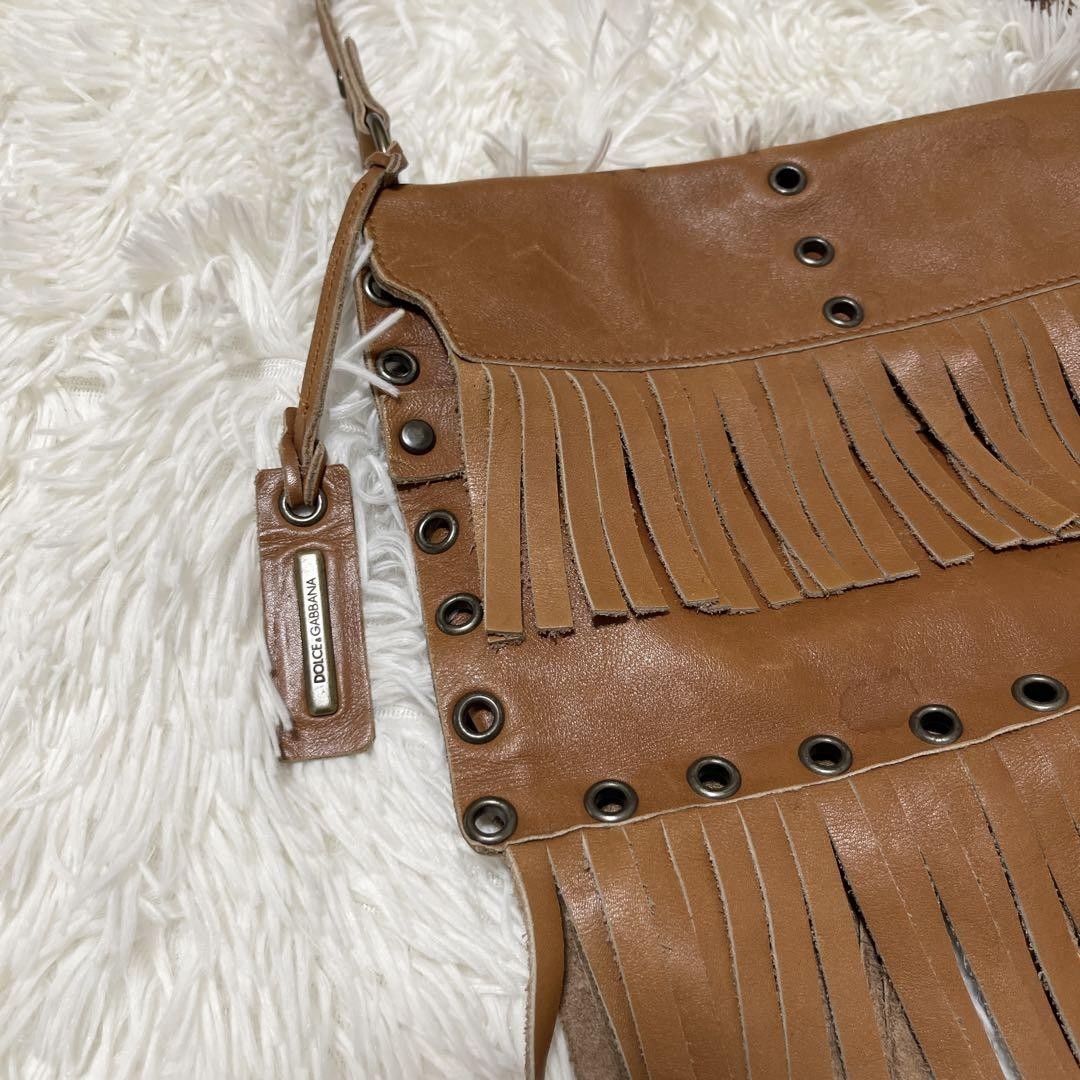 Dolce & Gabbana Hand Shoulder Bag Purse Fringe Brown Authentic