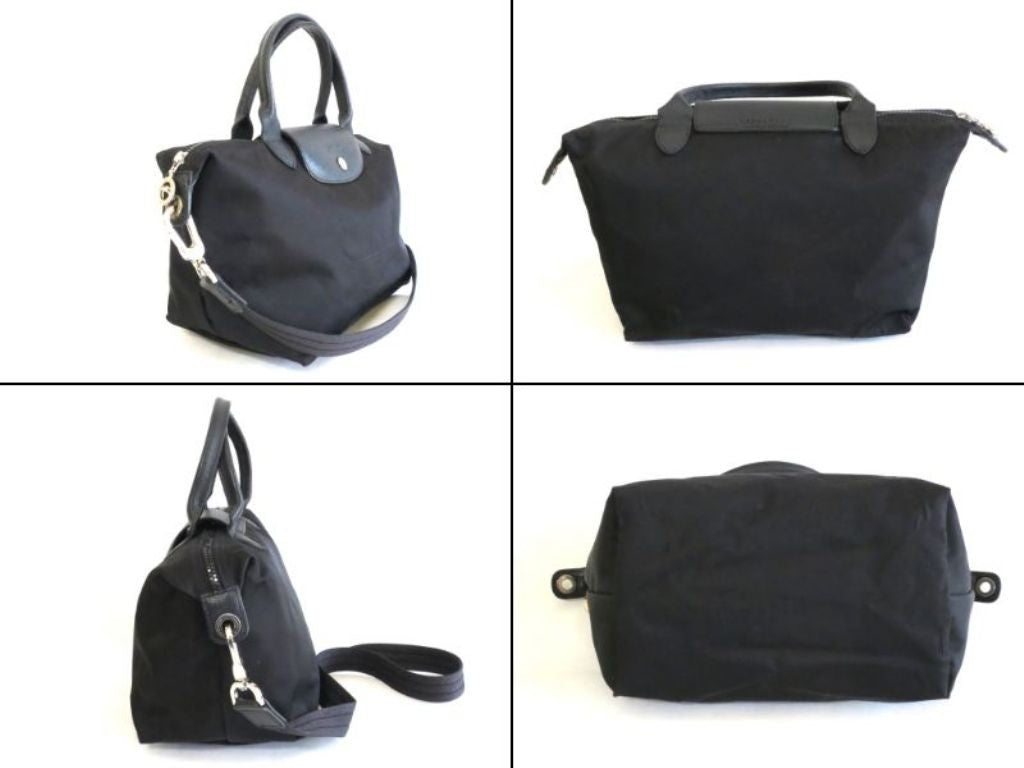 Longchamp Hand Shoulder Bag Tote Purse 2way Le Pliage Nylon Leather Black Auth
