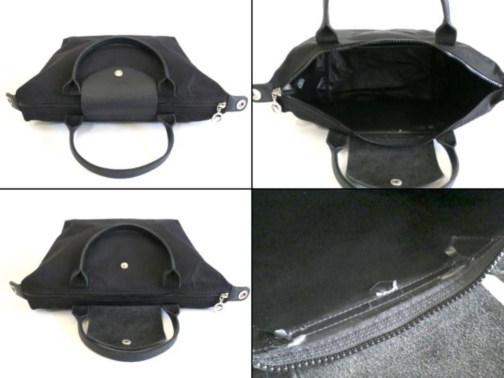 Longchamp Hand Shoulder Bag Tote Purse 2way Le Pliage Nylon Leather Black Auth