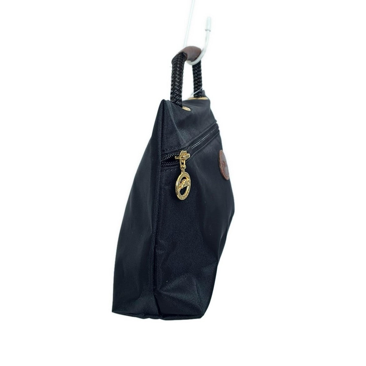 Longchamp Hand Bag Tote Purse Nylon Leather Black Dark Brown Authentic