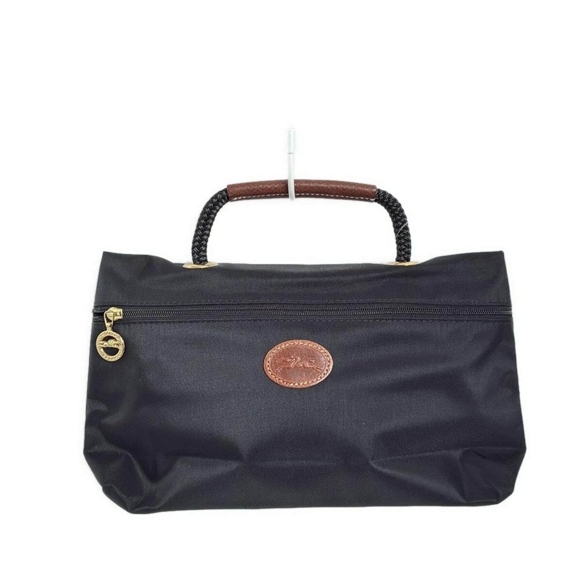 Longchamp Hand Bag Tote Purse Nylon Leather Black Dark Brown Authentic