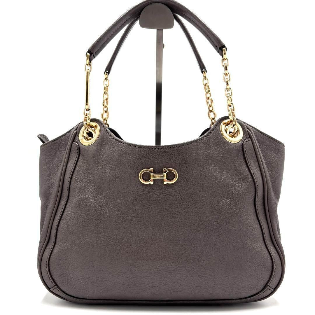 Salvatore Ferragamo Hand Bag Tote Purse Gancini Chain Leather Greige Authentic