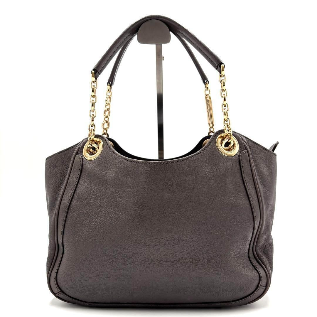 Salvatore Ferragamo Hand Bag Tote Purse Gancini Chain Leather Greige Authentic