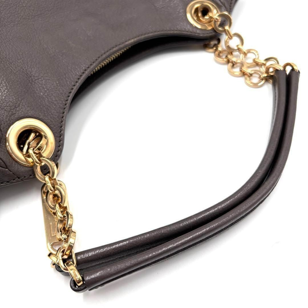 Salvatore Ferragamo Hand Bag Tote Purse Gancini Chain Leather Greige Authentic