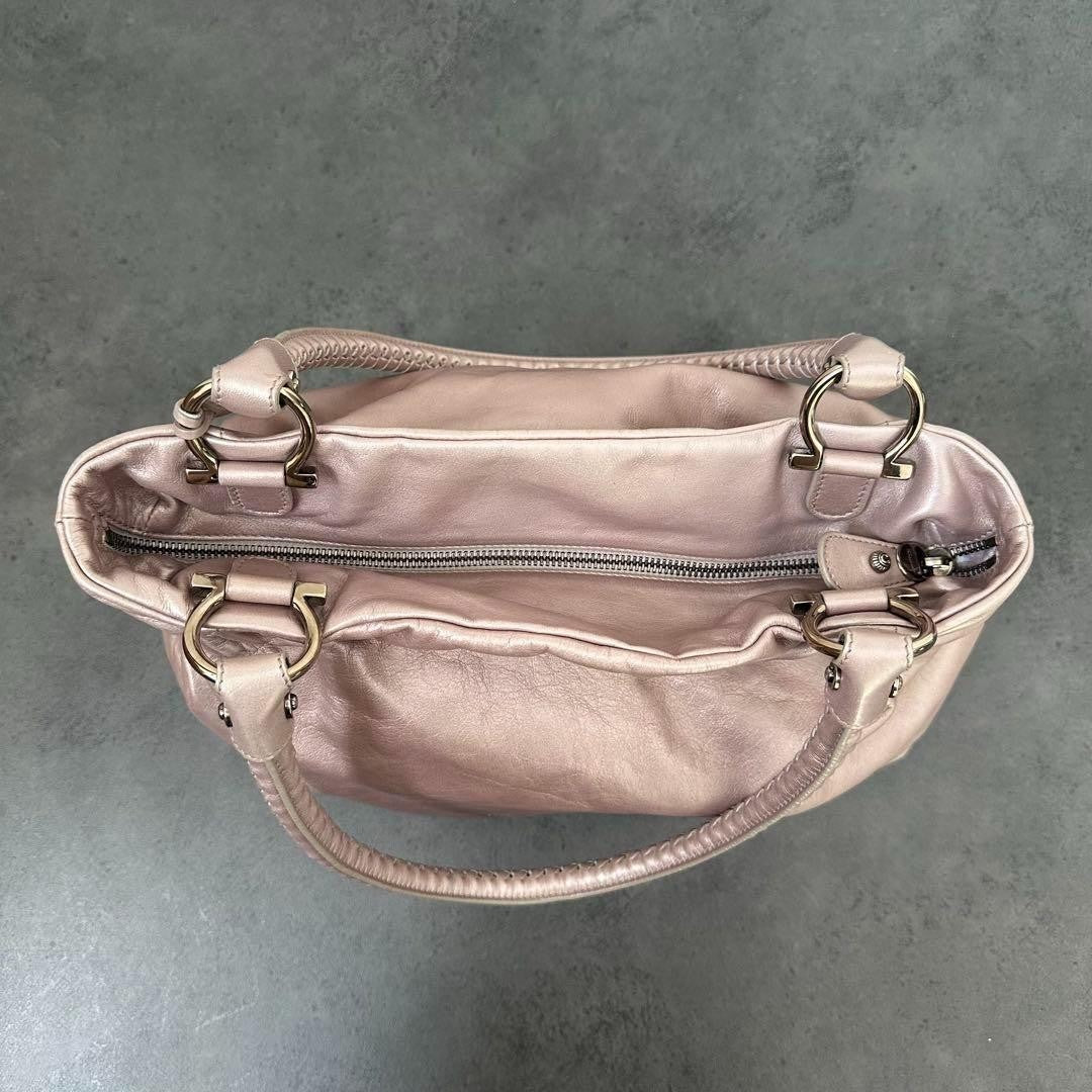 Salvatore Ferragamo Hand Bag Tote Purse Gancini Leather Pink Champagne Gold Auth