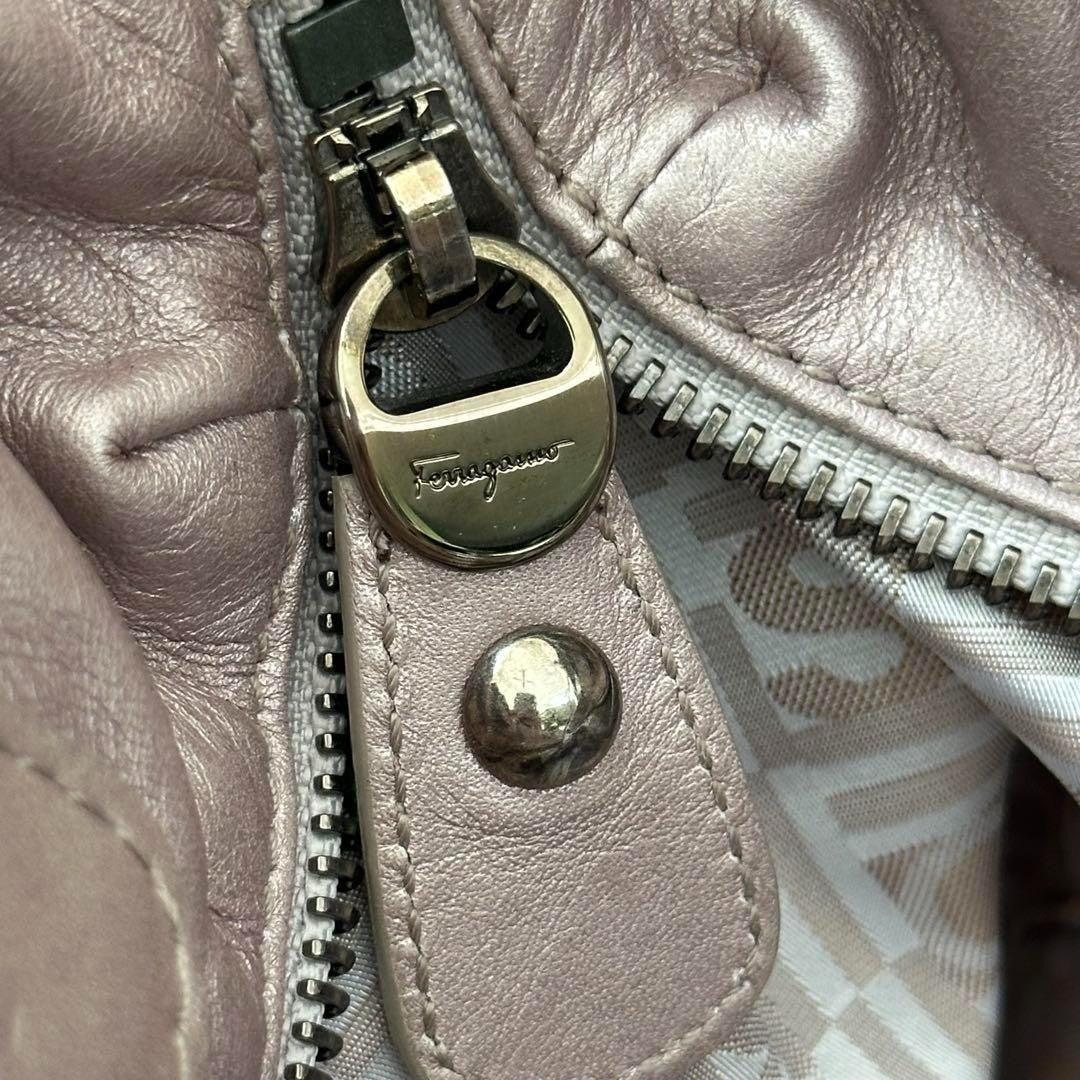 Salvatore Ferragamo Hand Bag Tote Purse Gancini Leather Pink Champagne Gold Auth