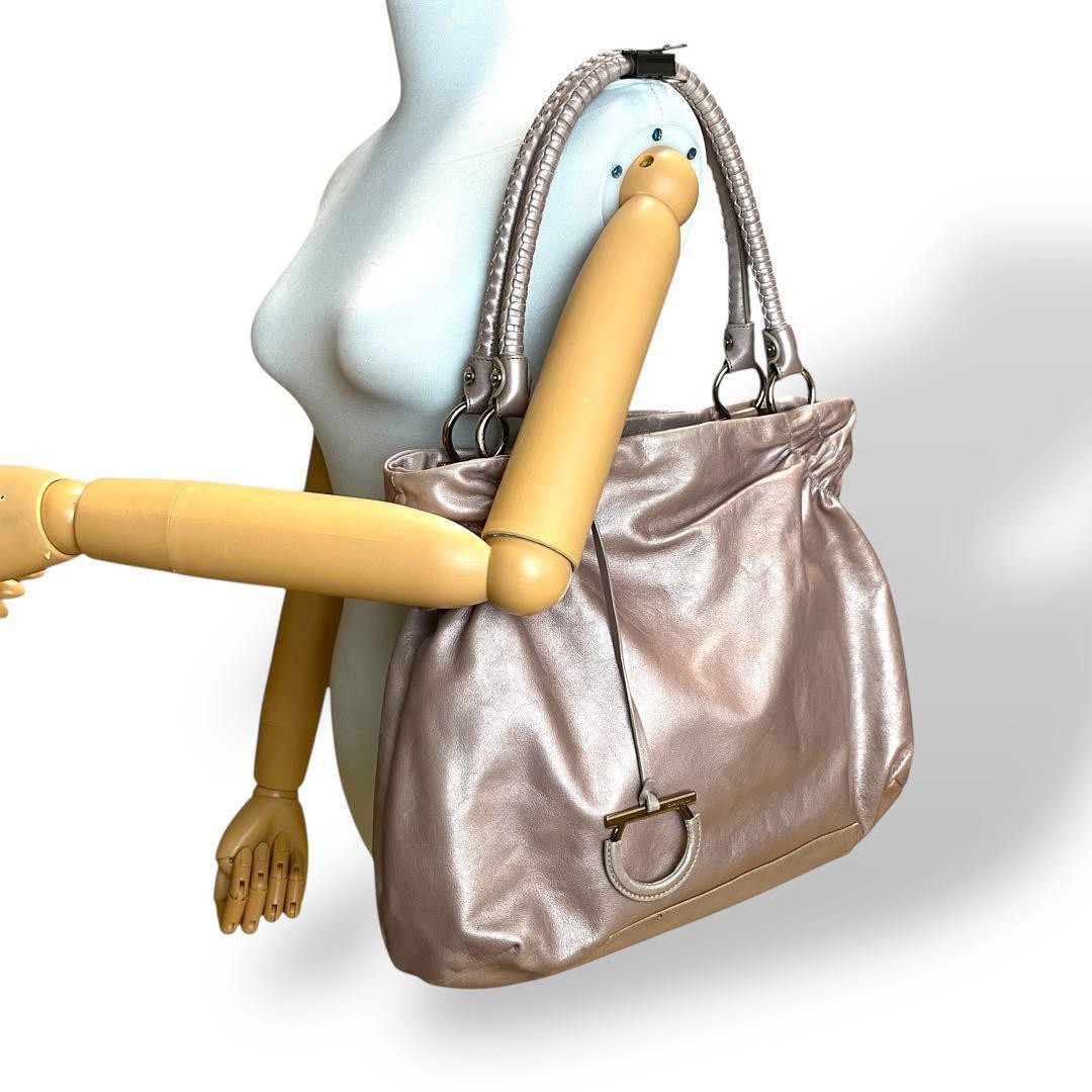 Salvatore Ferragamo Hand Bag Tote Purse Gancini Leather Pink Champagne Gold Auth