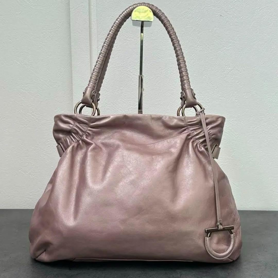 Salvatore Ferragamo Hand Bag Tote Purse Gancini Leather Pink Champagne Gold Auth