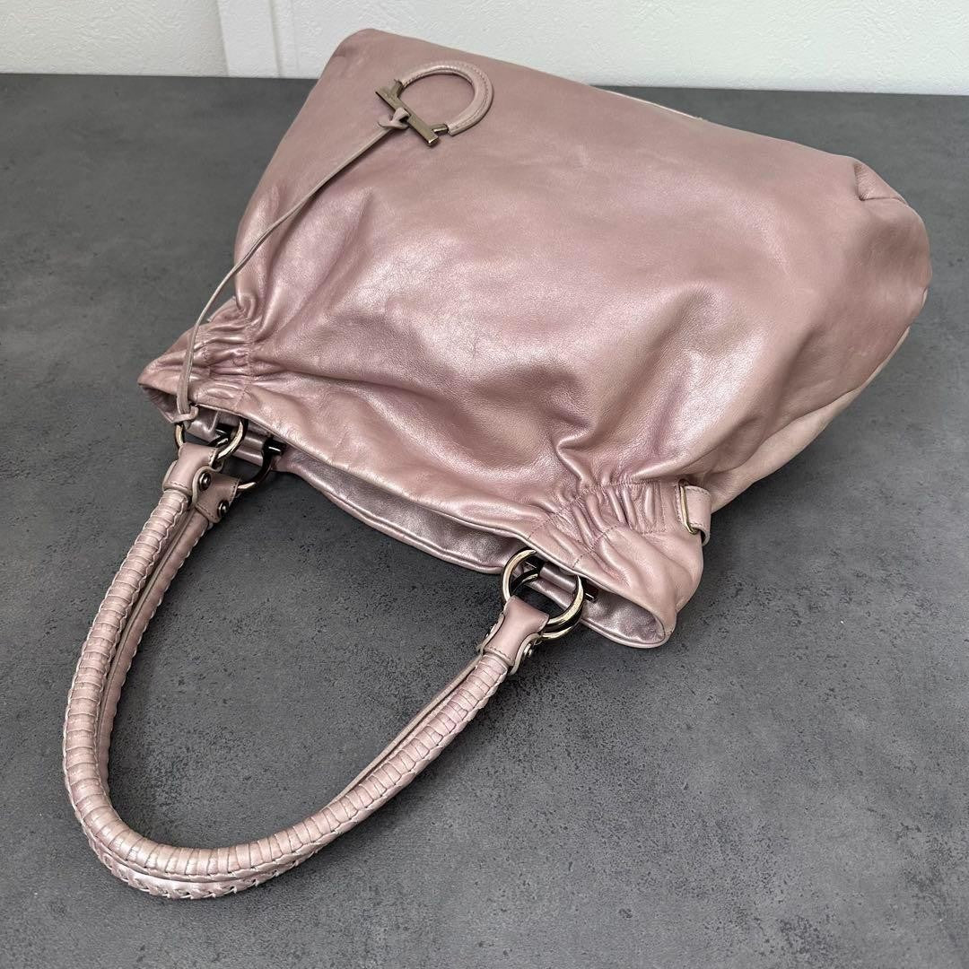 Salvatore Ferragamo Hand Bag Tote Purse Gancini Leather Pink Champagne Gold Auth