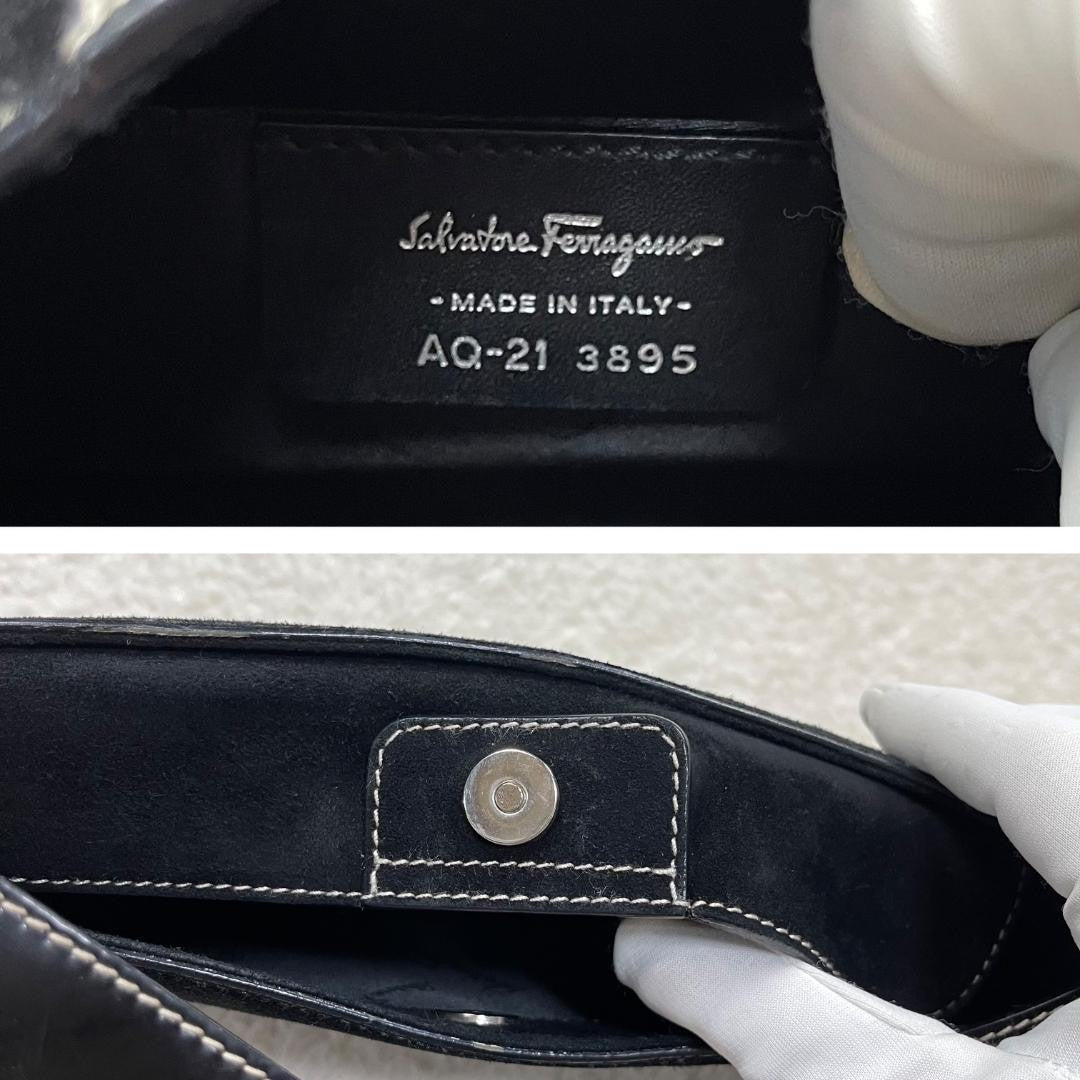 Salvatore Ferragamo Hand Bag Tote Purse Suede Patent Leather Black Authentic