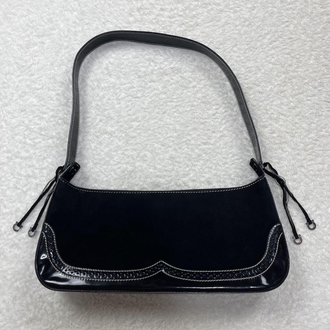 Salvatore Ferragamo Hand Bag Tote Purse Suede Patent Leather Black Authentic