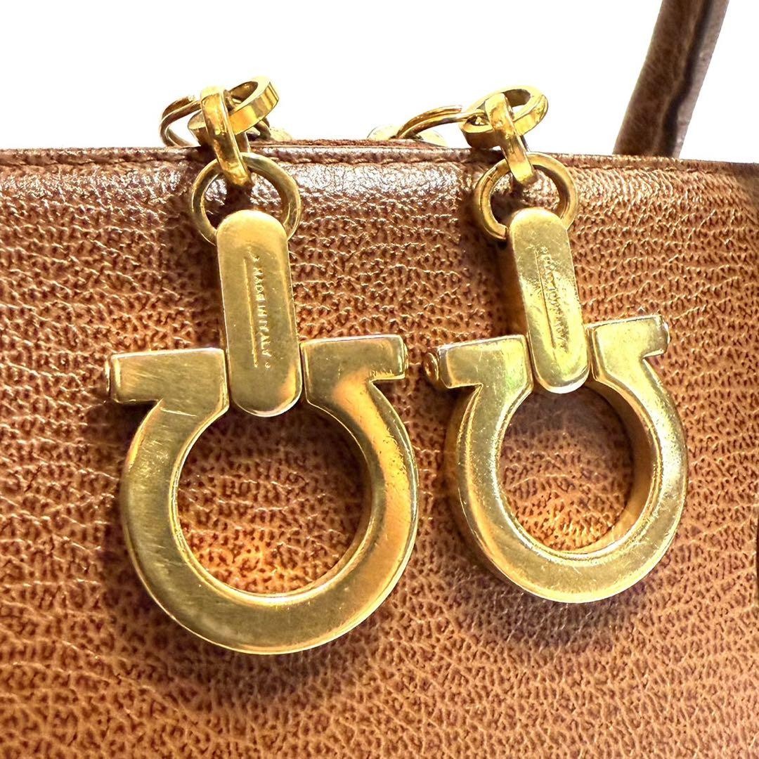 Salvatore Ferragamo Hand Bag Tote Purse Gancini Leather Camel Authentic