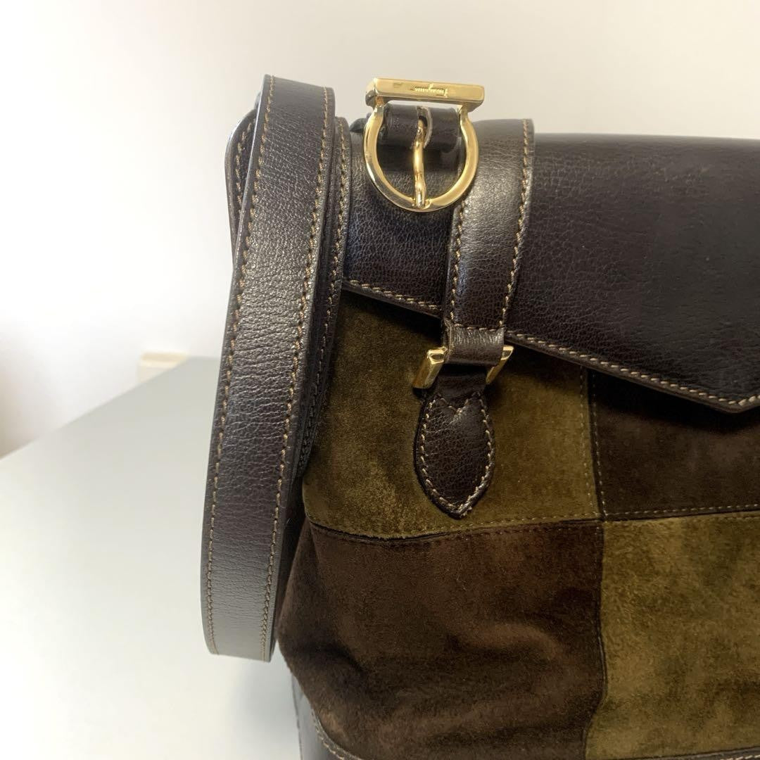 Salvatore Ferragamo Hand Shoulder Bag Purse 2way Gancini Suede Leather Brown