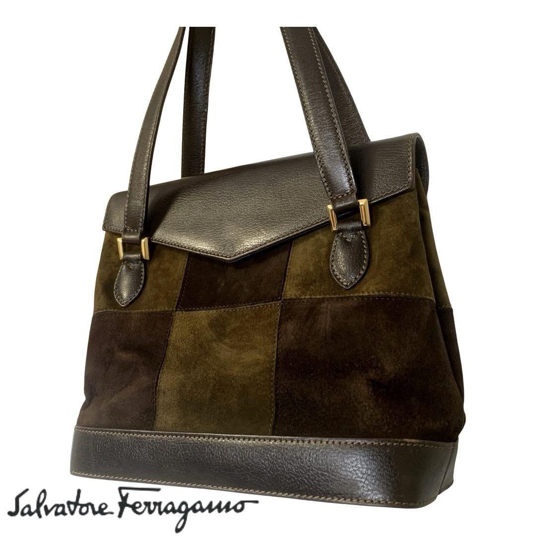 Salvatore Ferragamo Hand Shoulder Bag Purse 2way Gancini Suede Leather Brown