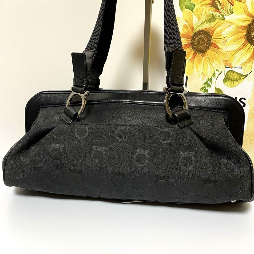 Salvatore Ferragamo Hand Bag Tote Purse Mini Boston Gancini Leather Canvas Black
