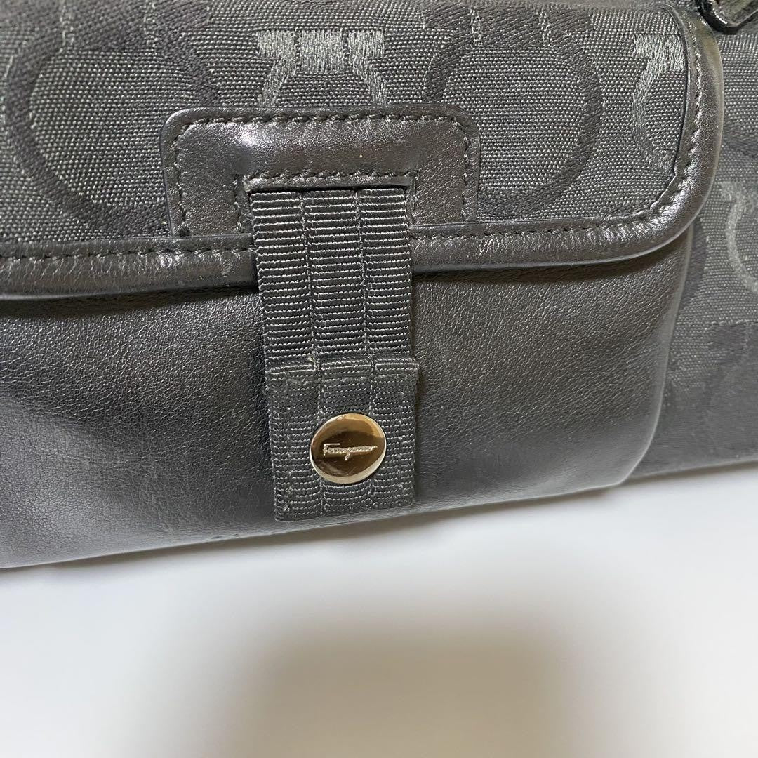 Salvatore Ferragamo Hand Bag Tote Purse Mini Boston Gancini Leather Canvas Black