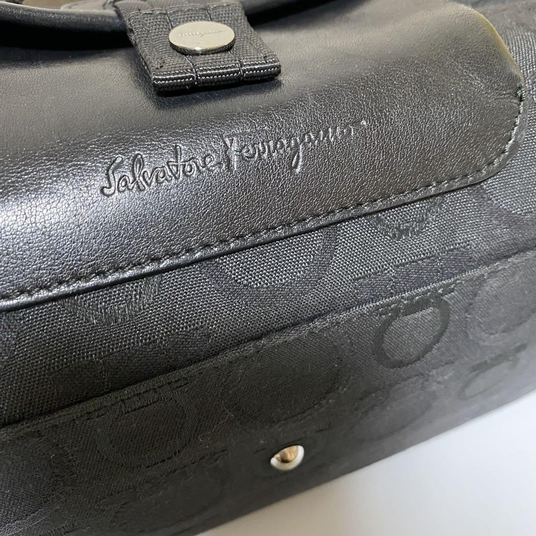 Salvatore Ferragamo Hand Bag Tote Purse Mini Boston Gancini Leather Canvas Black