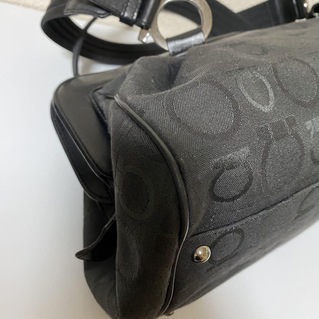 Salvatore Ferragamo Hand Bag Tote Purse Mini Boston Gancini Leather Canvas Black