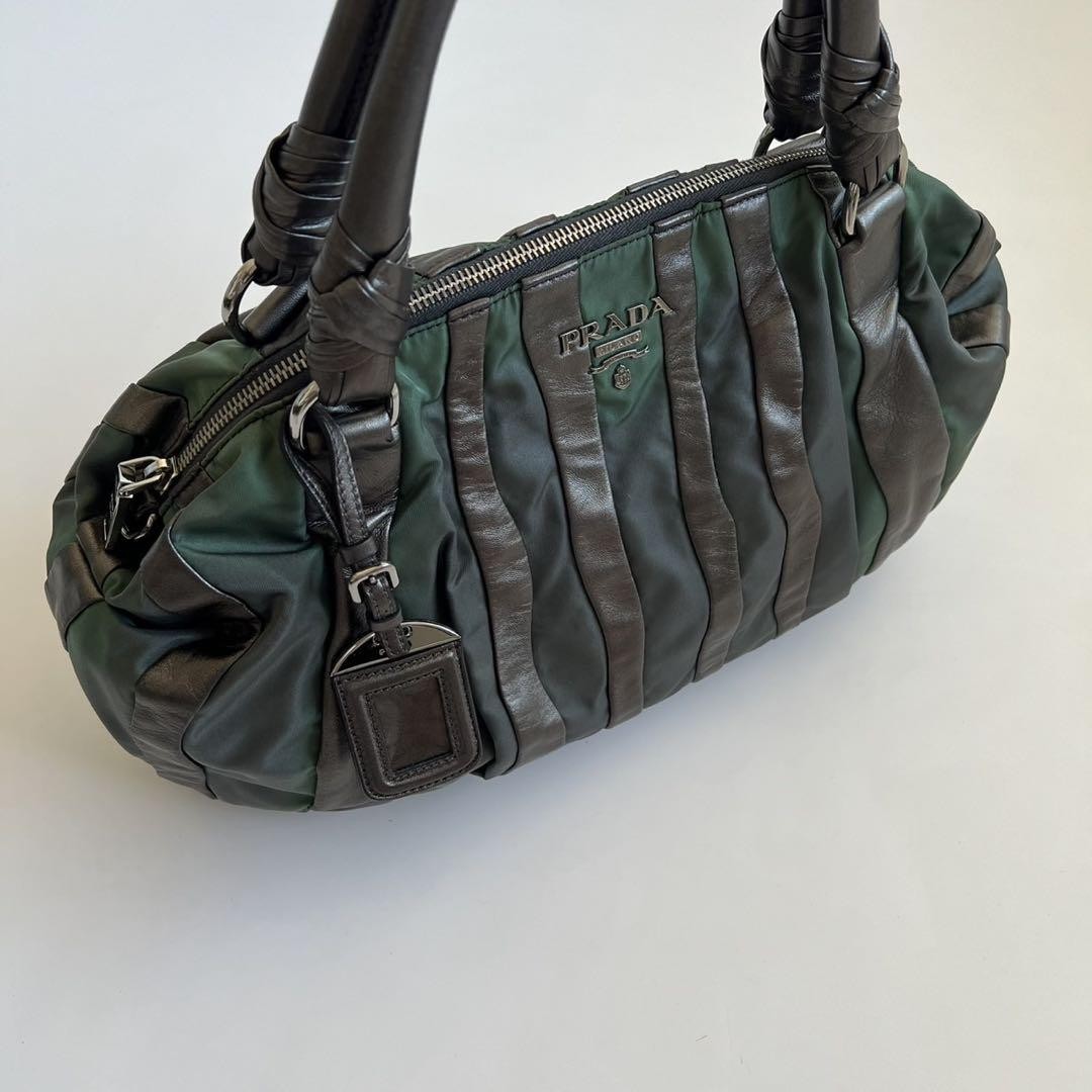 PRADA Hand Bag Tote Purse CRIMSON STRIPE Leather Black Green Authentic