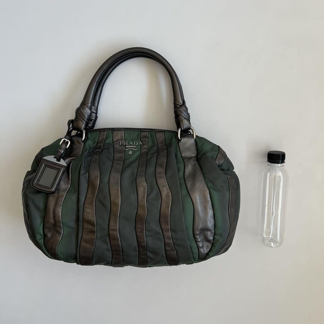 PRADA Hand Bag Tote Purse CRIMSON STRIPE Leather Black Green Authentic