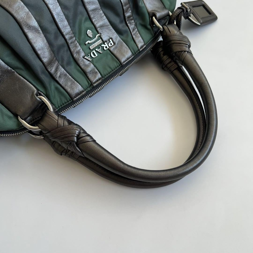 PRADA Hand Bag Tote Purse CRIMSON STRIPE Leather Black Green Authentic