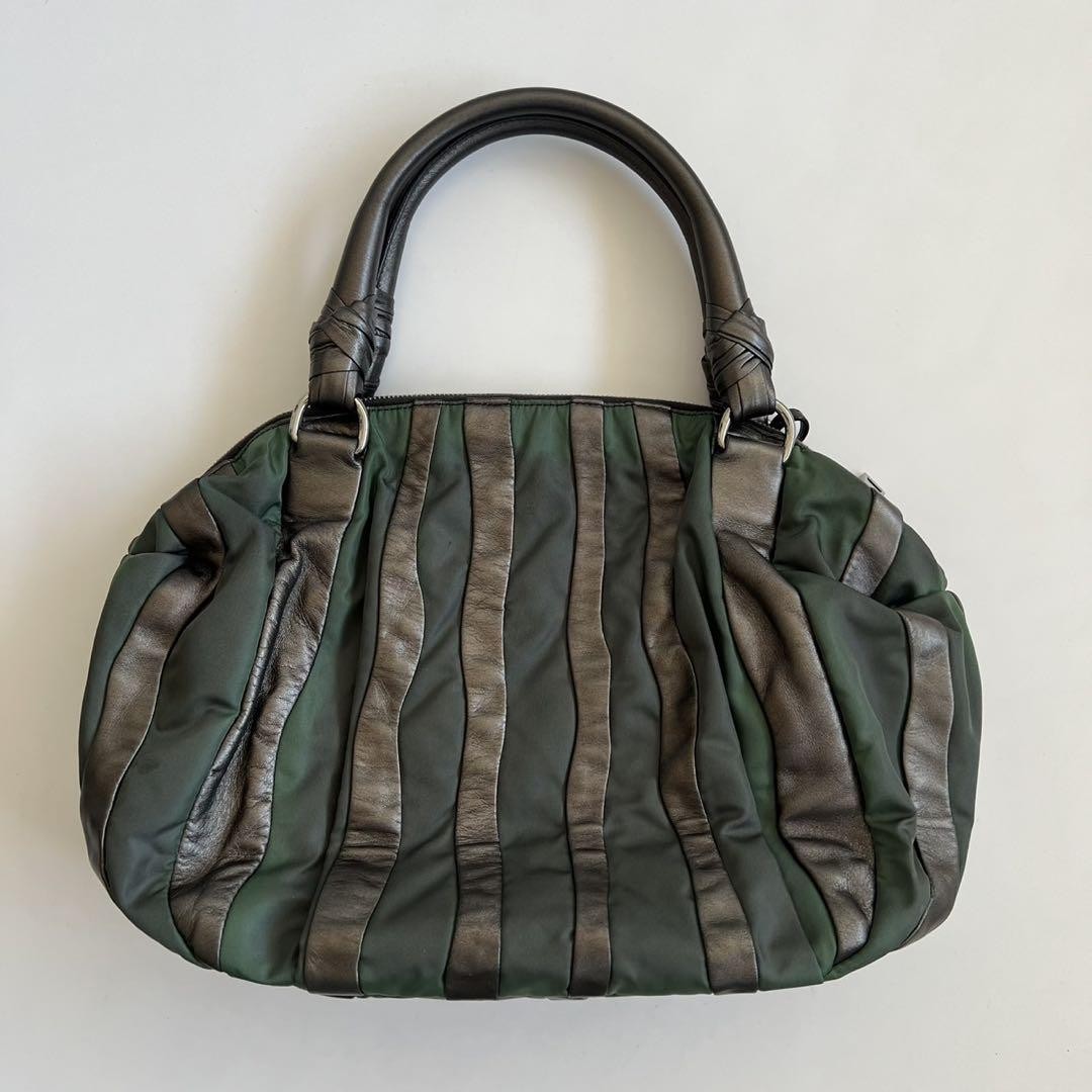 PRADA Hand Bag Tote Purse CRIMSON STRIPE Leather Black Green Authentic