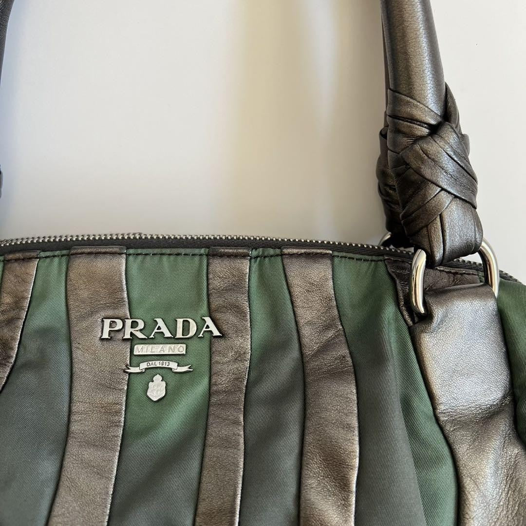 PRADA Hand Bag Tote Purse CRIMSON STRIPE Leather Black Green Authentic