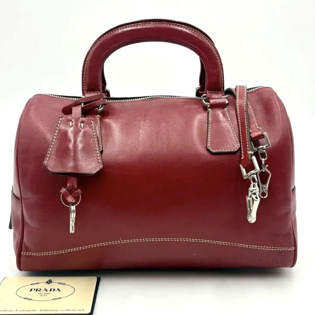 PRADA Hand Bag Tote Purse Mini Boston Bag 2way Leather Red Authentic