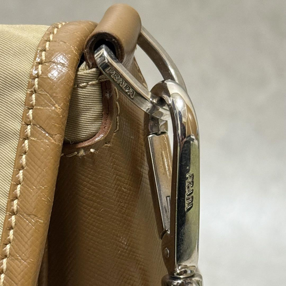 PRADA Shoulder Bag Purse Logo Nylon Leather Brown Khaki Authentic