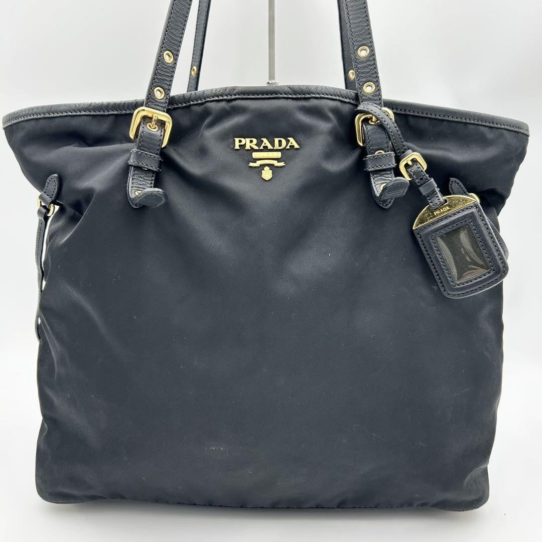 PRADA Hand Bag Tote Purse Nylon Leather Dark Navy Authentic