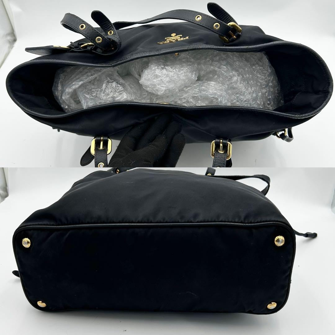 PRADA Hand Bag Tote Purse Nylon Leather Dark Navy Authentic