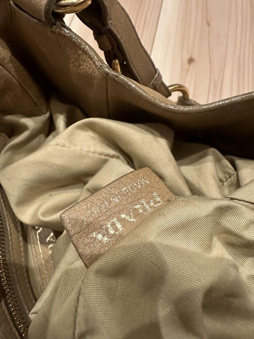 PRADA Shoulder Bag Purse Logo Nylon Patent Leather Khaki Dark Brown Authentic