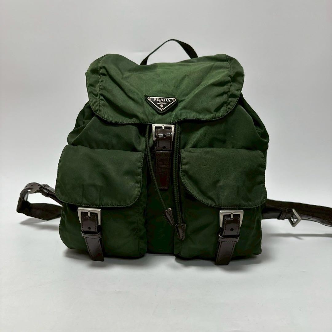 PRADA Backpack Logo Nylon Leather Khaki Green Authentic