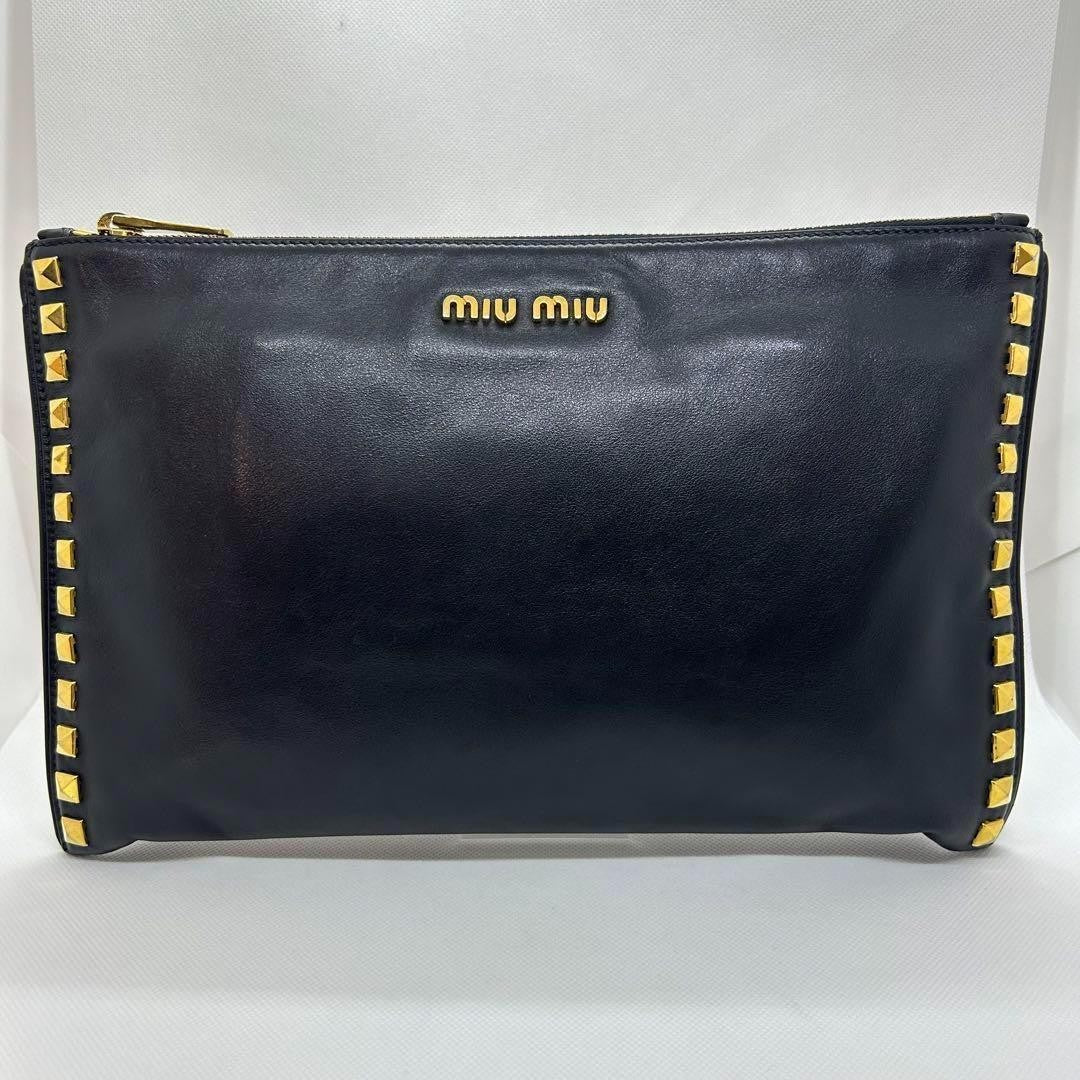 MIU MIU Clutch Bag Second Bag Logo Leather Black Authentic