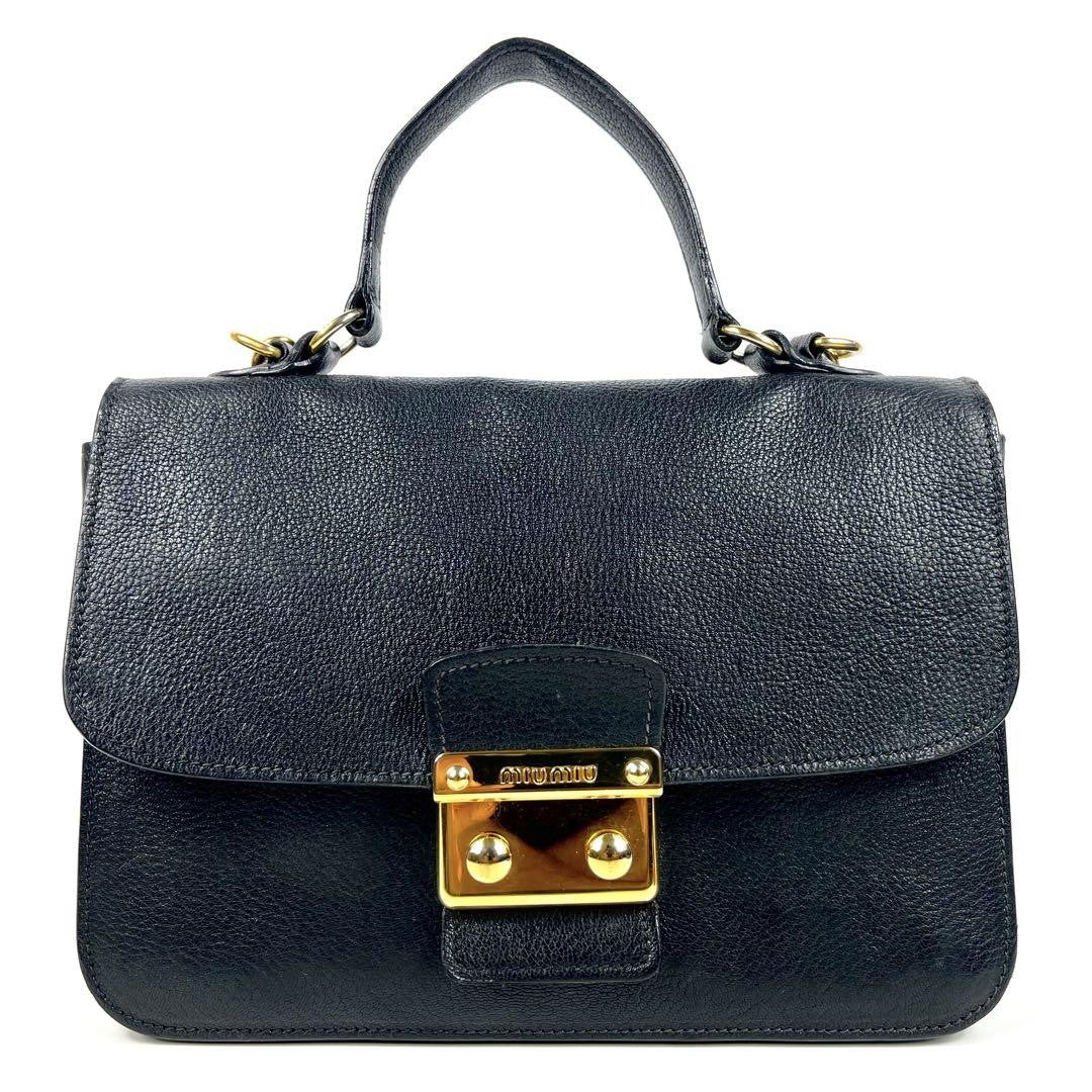 MIU MIU Hand Shoulder Bag Tote Purse 2way Logo Leather Black Authentic
