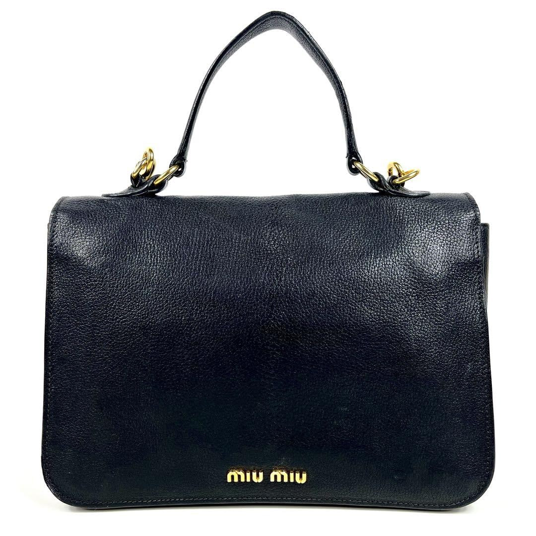 MIU MIU Hand Shoulder Bag Tote Purse 2way Logo Leather Black Authentic