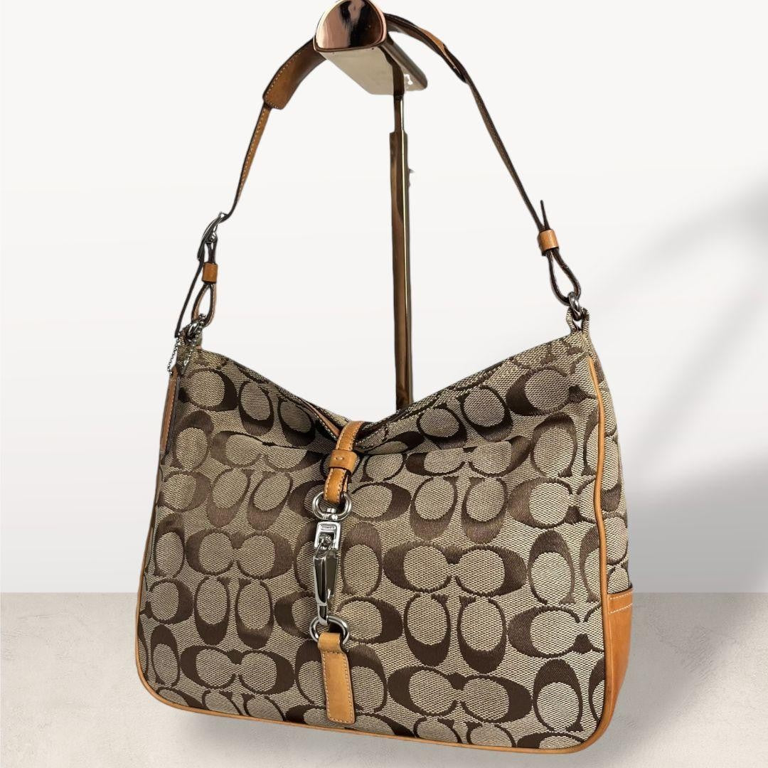 COACH Shoulder Bag Purse Hobo Canvas Leather Brown Camel Authentic
